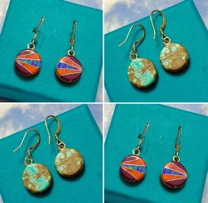 Pendientes Navajo 2 Caras Plata de Ley Turquesa Ópalo Coral Púrpura Ostra 925 - Imagen 1 de 3