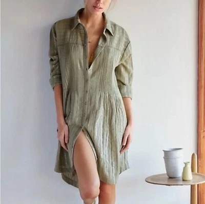 Vestido Camisa Anthropologie Pintuck Abotonada Manga Larga Verde Metálico MEDIANO Foto 1 de 4