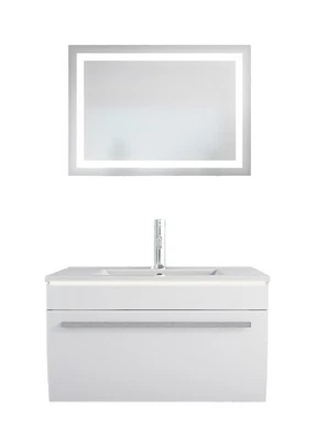 Badmöbel Set Gently 3 V1 Weiß MDF Waschtisch 70cm mit Leuchtspiegel LSP03 70x50  - Bild 1 von 4