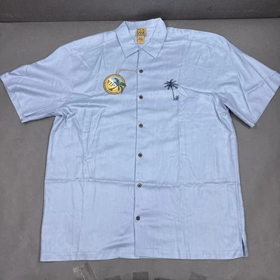 Jos A Bank Shirt Mens XL Blue Silk Palm Tree Embroidered Hawaiian Camp Beach - Image 1 of 4