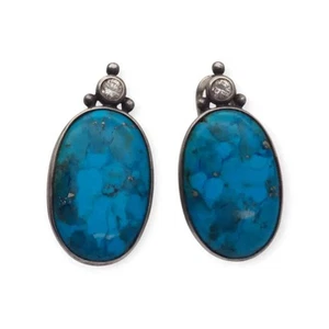 Vintage 925 Silver Copper Turquoise Earrings, Blue Oval Cabochons - Picture 1 of 10