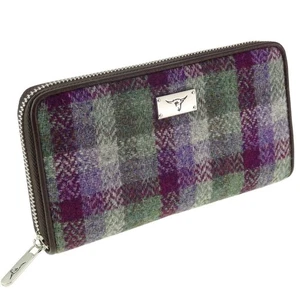 Harris Tweed Staffa Long Zip Purse in Green Check LB2100-COL133 - Picture 1 of 1