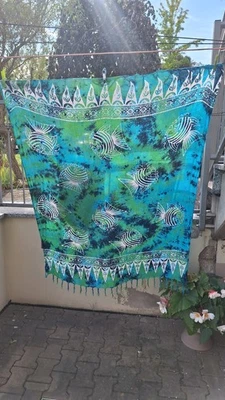 Strandtuch, Baumwolle, Blau-Grün, Fische, Batik-Look, 115 x 150 cm - Bild 1 von 4