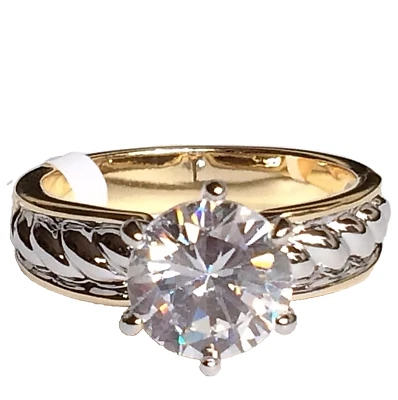 Двухцветное помолвочное кольцо с одним цирконием размер 11 посеребренное позолоченное - Изображение 1 из 4