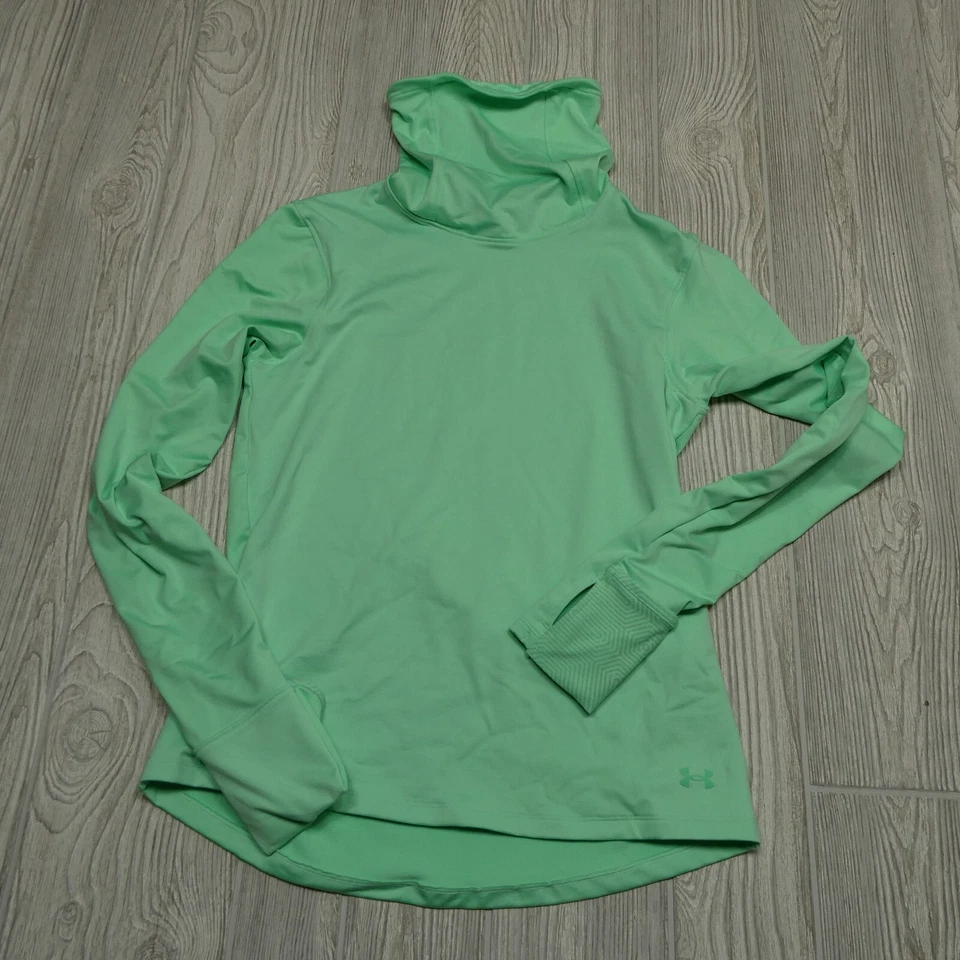 Camiseta de running Under Armour talla pequeña capucha cuello poliéster elástico verde agujeros para el pulgar Foto 1 de 4