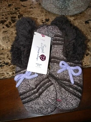 Secret Treasures Brown Slipper Socks Purple Bow Tie Sizes 4-10,non slip bottom - Image 1 of 4