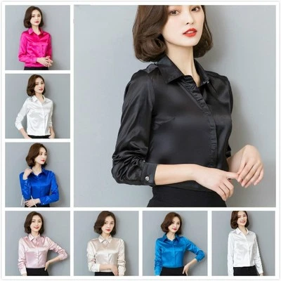 Women Silk Satin Shirt Long Sleeve Formal Work Shiny Blouse Top Elegant Pink New - Image 1 of 4