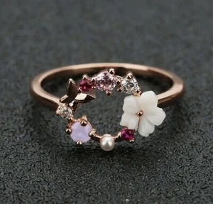 Anthropologie Flower Ring 7 Flower Pink Crystal Pearl Gold Rose CZ Butterfly - Picture 1 of 6
