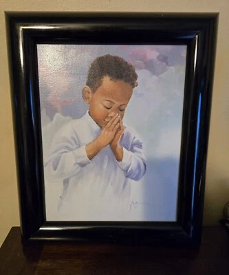 ARTIST G. ROSE. LITTLE BLACK AFRICAN AMERICAN BOY PRAYING. LITHOGRAPH ON CANVAS  - Image 1 of 4