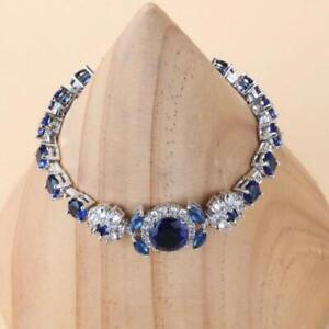 925 Sterling Silver Blue Sapphire White Topaz Tennis Gemstone Bracelet Jewelry