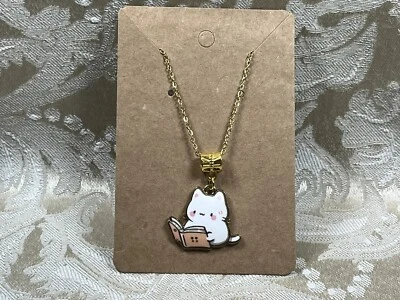"Collar de oro colgante de esmalte de lectura de gato blanco 18"" collar bohemio novedad" Foto 1 de 2