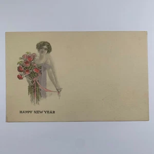 AK Happy New Year Lady Rosen 1910er Jahre Blanko Rückseite - Bild 1 von 2