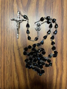 Catholic Rosary Black Glass Bead Rosary Silver Tone Crucifix With Pouch - Picture 1 of 6