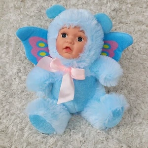 Megatoys Plastic Baby Face Blue Butterfly Costume 8" Plush Toy Doll Pink Bow - Picture 1 of 6
