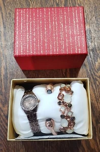 Watch & 2 Bracelets Gift Set Quartz Rhinestone Rose Gold Women New in Box - Picture 1 of 10