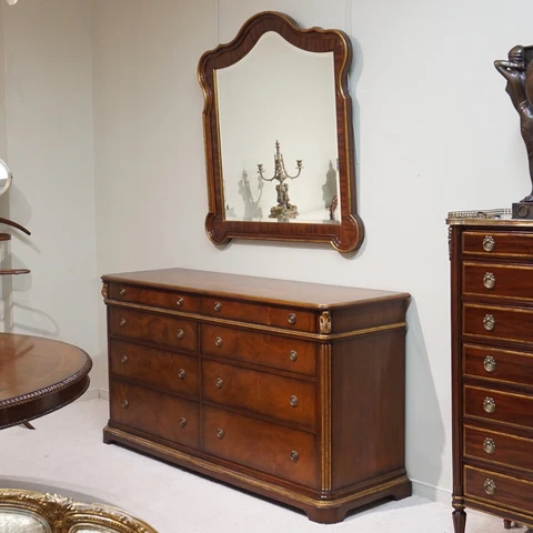 Mahogany Dresser & Mirror Chest of drawers hand made Brass Handles Gold leaf Cover