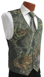 Mens Camouflage Tuxedo Vest & Long Tie Set Mossy Oak Break-Up Camo Wedding Prom - Picture 1 of 5