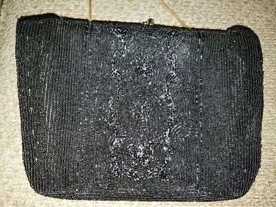 BLACK SATIN BEADED EVENING HANDBAG CLUTCH COCKTAIL PURSE SMALL LORSEYS 1970'S. - Image 1 of 4