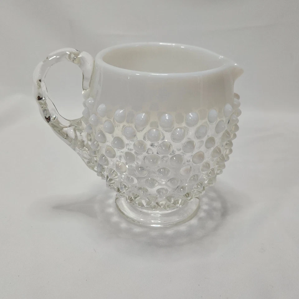 Fenton Opalescent white Hobnail small  glass footed vintage pitcher, 4.5" x 5.5" - Image 1 of 4