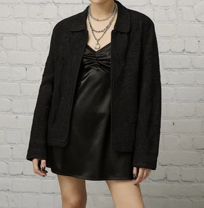 VTG 90s Starkman Jacket Silk Black Embroidered Aplique Lace Beads Button Up - Picture 1 of 18