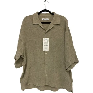 Zara Mens Button Up Shirt XL Tan Short Sleeve Oversized Linen 5344/312 NWT - Picture 1 of 20