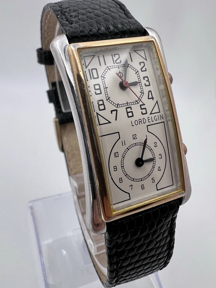 Vintage Rare Lord Elgin Dual Time Zone Tank Men’s Quartz Doctor  Watch Curved - Image 1 of 4
