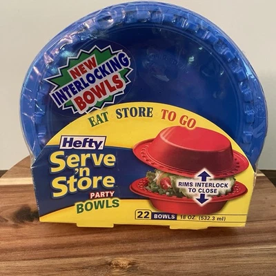 Hefty Serve N Store Party Bowls 22 Count 18 Oz Each Blue Interlocking New Sealed - Image 1 of 2