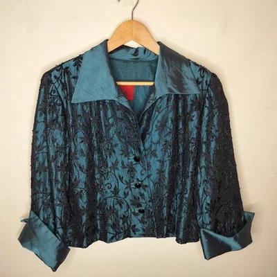 JS Collections Beaded Evening Jacket 14P Petite Teal Embroidered Floral Cuffed - Image 1 of 4