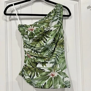 Top Chiara Boni Un Hombro M Verde Tropical Estampado Palma Acanalado Italia Talla 38 - Imagen 1 de 6