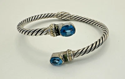 Samuel B 22K Gold Sterling 925 Bracelet Cable Blue Topaz Peridot Hinged Cuff BJC - Image 1 of 4