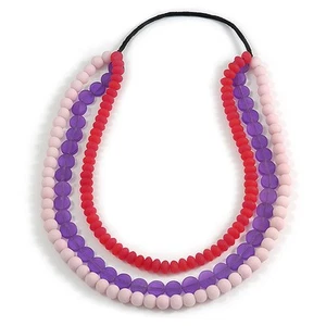 3 Strand Pink/ Purple Resin Bead Black Cord Necklace - 80cm L - Chunky - Picture 1 of 4