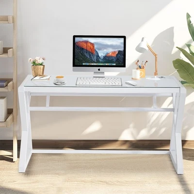 Computer Desk 55 Inch Home Office Writing PC Table Glass Gaming Writing Desks - Image 1 of 4