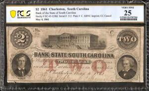 1861 $2 TWO DOLLAR SOUTH CAROLINA BANK NOTE LARGE PAPER MONEY CIVIL WAR PCGS 25