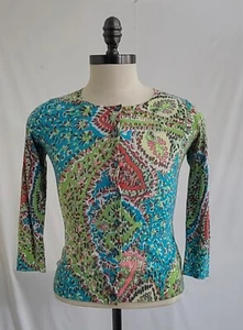 Talbots Strickjacke Pullover Gr. XS Paisley Blumen Strick grün blau rosa - Bild 1 von 8