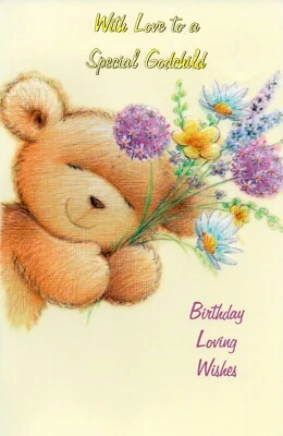 Linda tarjeta de CUMPLEAÑOS PARA AHIJADO, flores de oso de peluche por saludos populares +✉ Foto 1 de 4