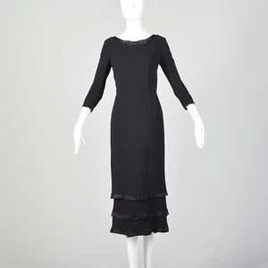 S 1950s Black Dress Formal Evening Pinup Pencil Sheath Wiggle Ruffle Hem 50s VTG - Picture 1 of 10