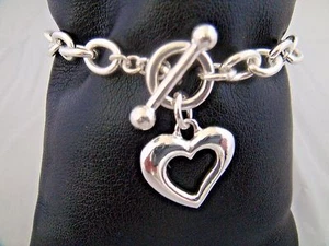 Bracciale Cuore Argento Maglia Catena Chiusura a Levetta 7 Pollici Cuore Aperto - Foto 1 di 4