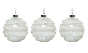 3 Weihnachtskugeln 8cm Glas gefüllt Pompon Perlen Streifen Christbaumkugeln klar