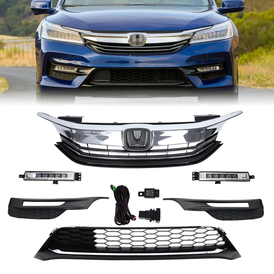 For 2016 2017 Honda Accord Sedan Front Bumper Grille Grill & LED Fog Lights Set Foto 1 de 4
