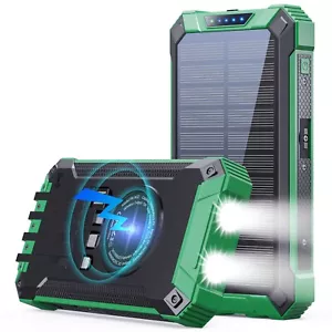 Green Color Solar Power Bank 36000mAh Built-in 4 Cables Qi Wireless Charger - Picture 1 of 9