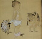 VERY CUTE ANTIQUE DRAWING SIGNED and FRAMED - BABY in DIAPER FEEDING A BABY PIG