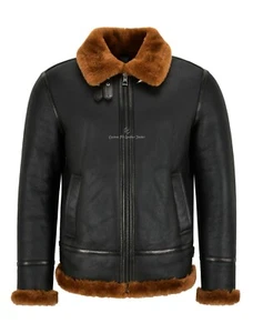 Men B3 Sheepskin Jacket Black Dark Ginger Fur Real Shearling Pilot Bomber Jacket - Picture 1 of 8