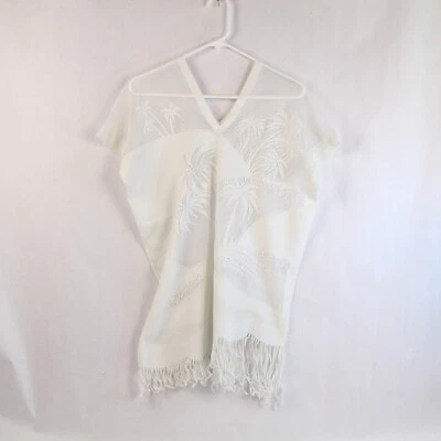 Bianco Vintage Pizzo Albero di Palma Poncho Scollo V Frangia Orlo Taglia S - Immagine 1 di 4