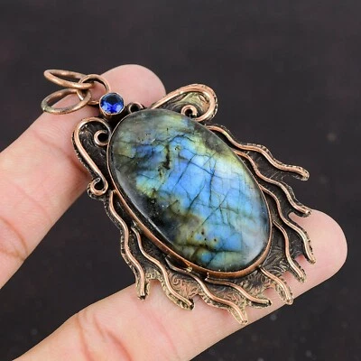 Valentines Sale Labradorite Stone Tanzanite Quartz Bezel Pendant Jewelry Copper - Image 1 of 4