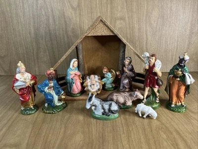 Vintage Nativity Set Paper Mache Composition Japan 12 Pieces Wood Crèche - Image 1 of 4