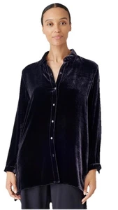 Eileen Fisher Midnight Black Velvet Classic Collar Long Shirt Size 1X XL Silk - Bild 1 von 13