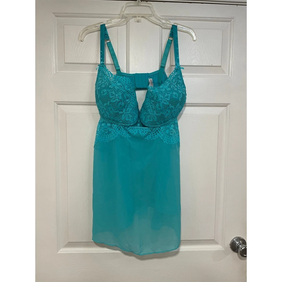 Lencería Babydoll de encaje con aros Cacique Chemise Negligee azul aguamarina 40DD 40E Foto 1 de 4