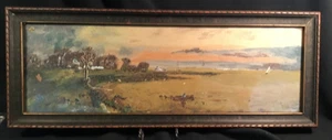 Antigua pintura al óleo francesa "Lakefront Village Mountains Horizon" pátina Craquelure - Imagen 1 de 8