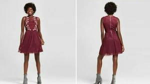 Womens (Juniors) Xhilaration Embroidered Mesh Fit & Flare Dress Burgundy Size XS - Picture 1 of 3