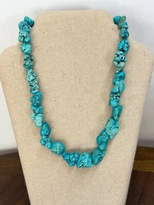 Chunky Natural Blue Turquoise Nuggets Beaded Necklace 18" Long - Picture 1 of 12